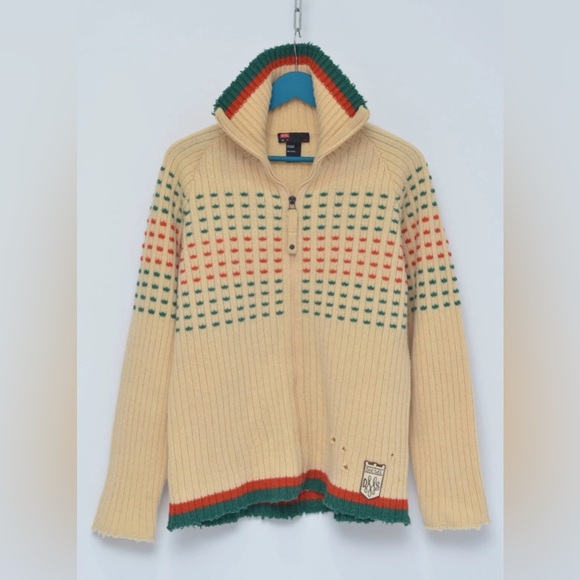 Diesel Jeans Cream Zip Up Sweater with Green and Orange Accents Just Dry-cleaned - Picture 7 of 12